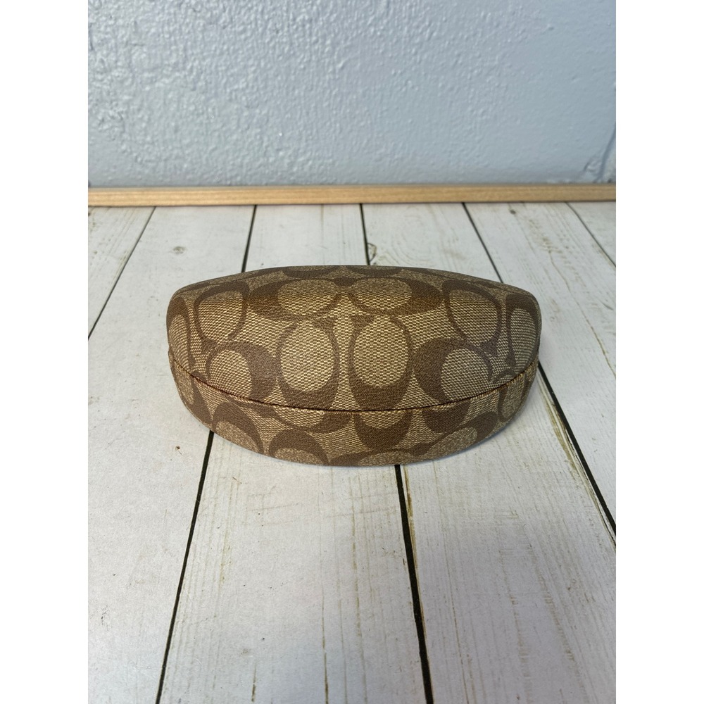 Coach Signature Monogram Hard Shell Sunglasses Case Tan Brown Clamshell